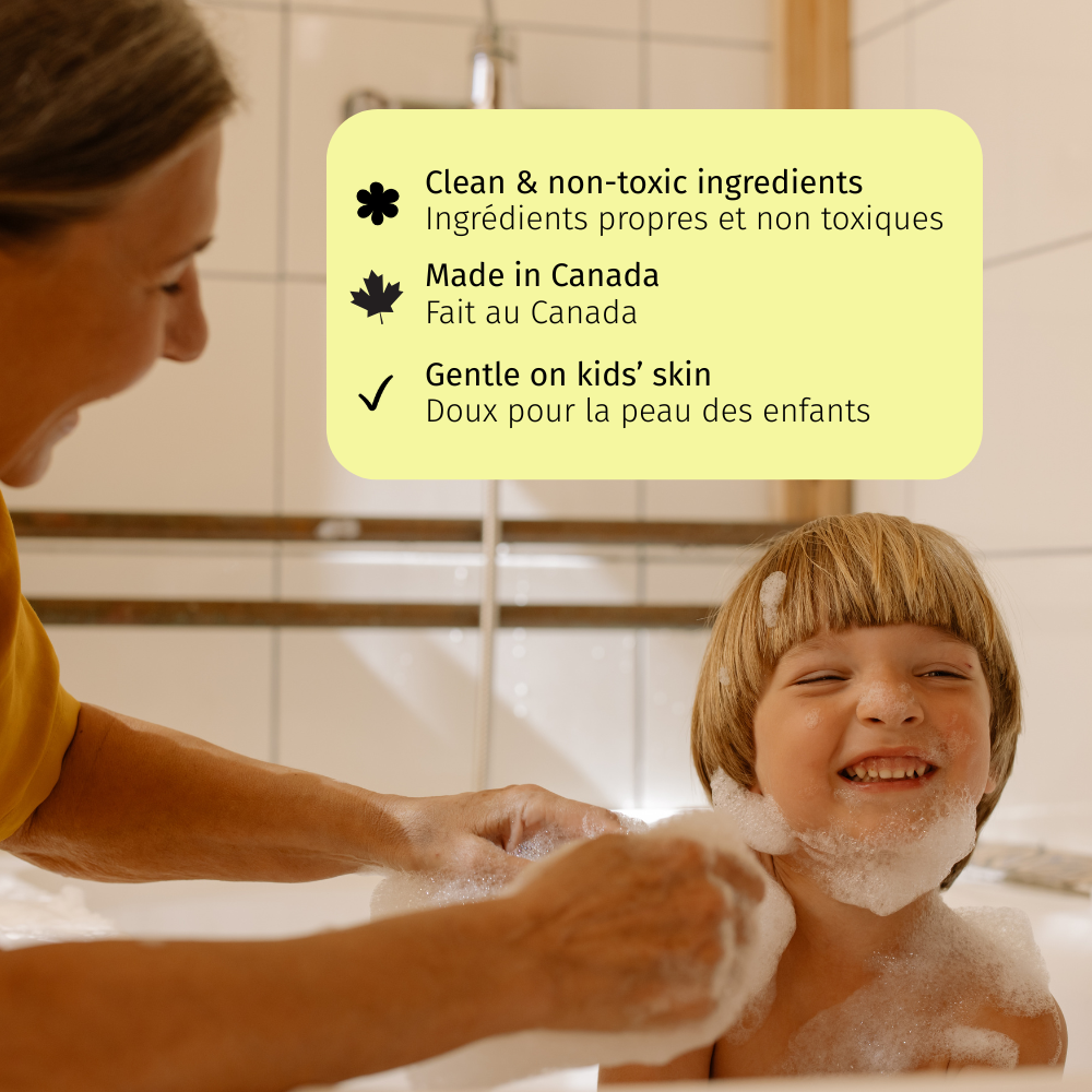 3 in 1 for kids claims : clean and non toxic ingredients, made in canada, gentle on kids' skin