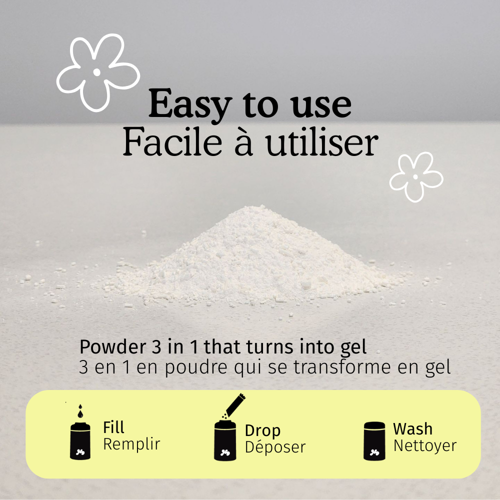 easy to use. powder 3 in 1 that turns into gel. fill, drop, wash.