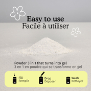 easy to use. powder 3 in 1 that turns into gel. fill, drop, wash.