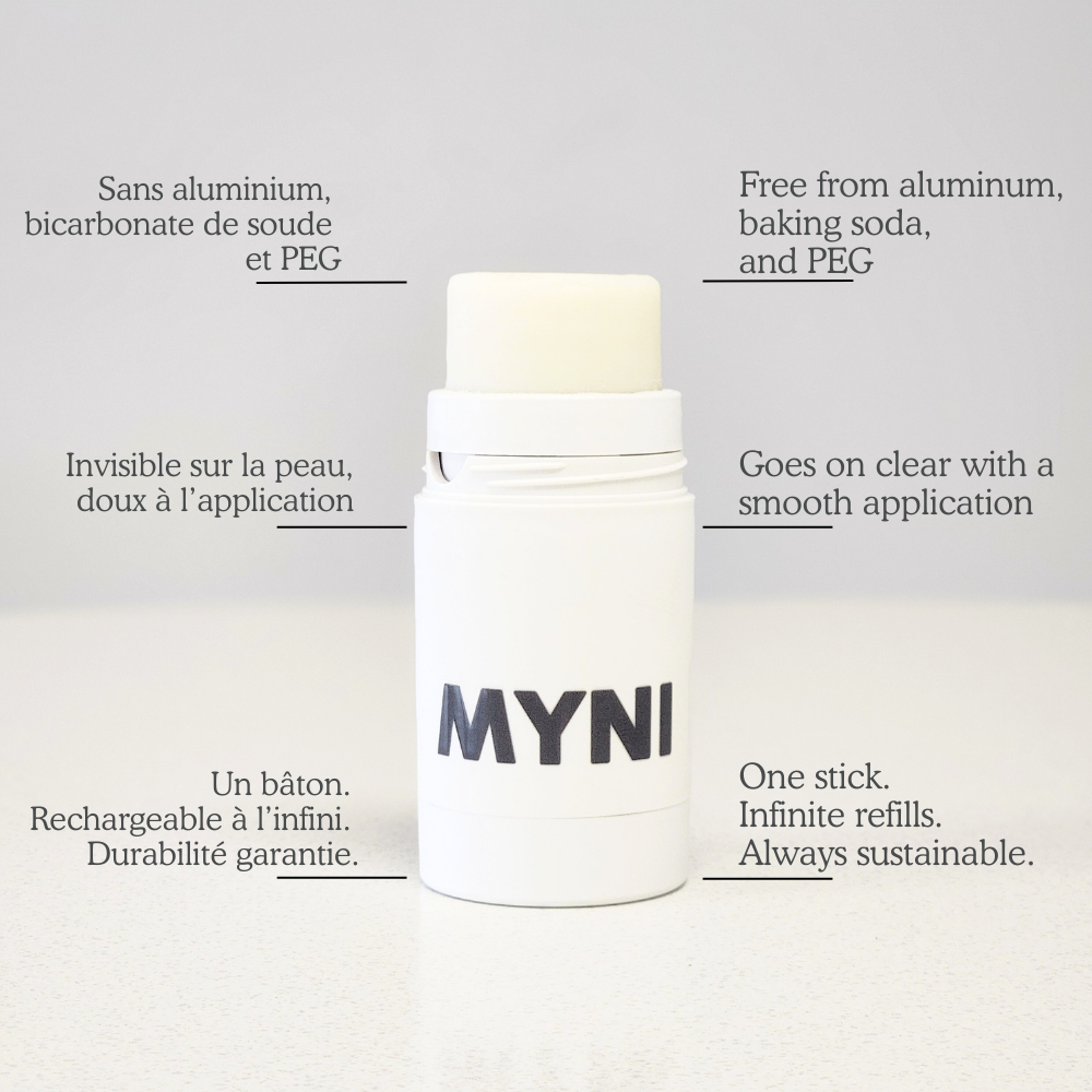 MYNI stick with text highlighting its features on a light gray background