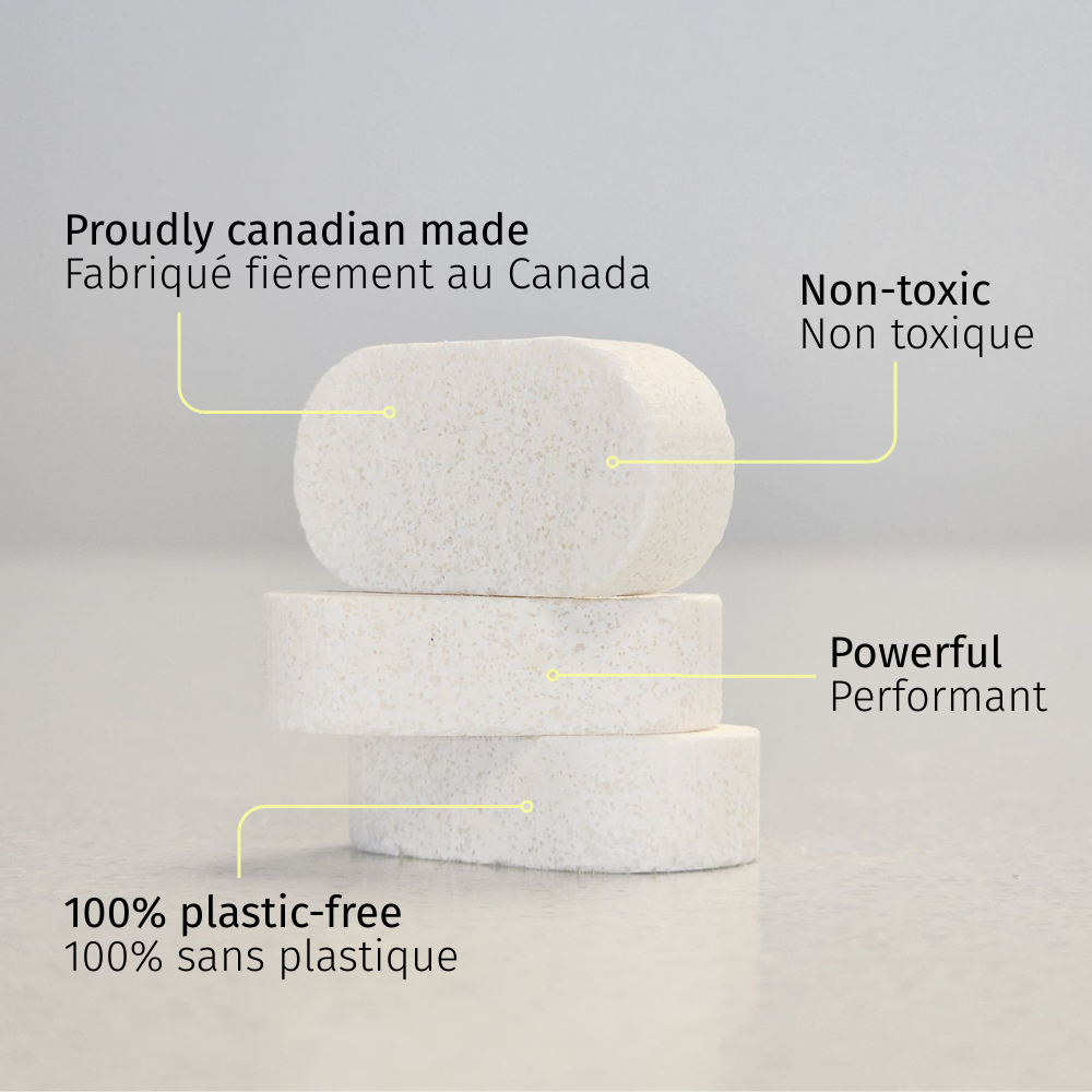 3 cleaning tablets stacked with text highlighting features on a light gray background