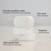 3 cleaning tablets stacked with text highlighting features on a light gray background