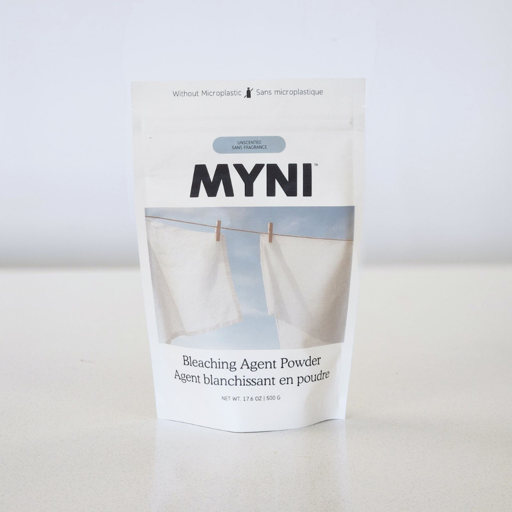 Myni bleaching agent powder package on a white background