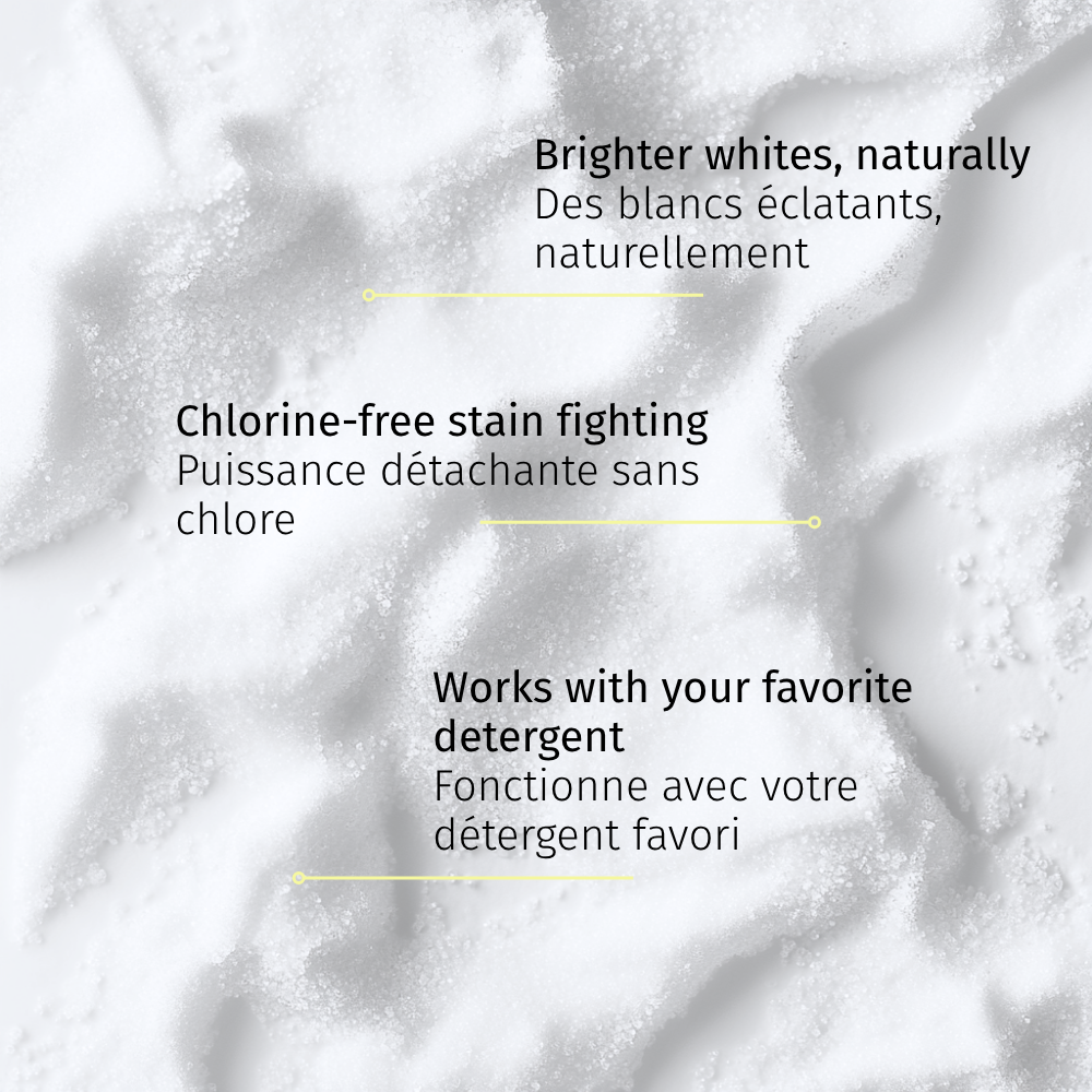 Powder texture with text highlighting chlorine-free stain fighting and compatibility with detergent.