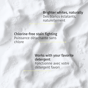 Powder texture with text highlighting chlorine-free stain fighting and compatibility with detergent.