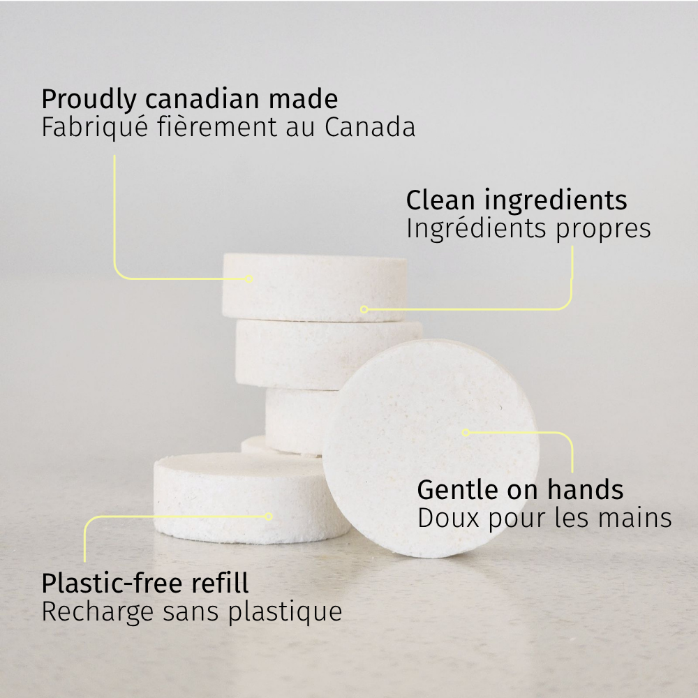 White cylindrical containers with text highlighting 'Proudly Canadian made', 'Clean ingredients', 'Gentle on hands', and 'Plastic-free refill' on a light gray background.