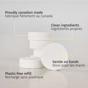 White cylindrical containers with text highlighting 'Proudly Canadian made', 'Clean ingredients', 'Gentle on hands', and 'Plastic-free refill' on a light gray background.
