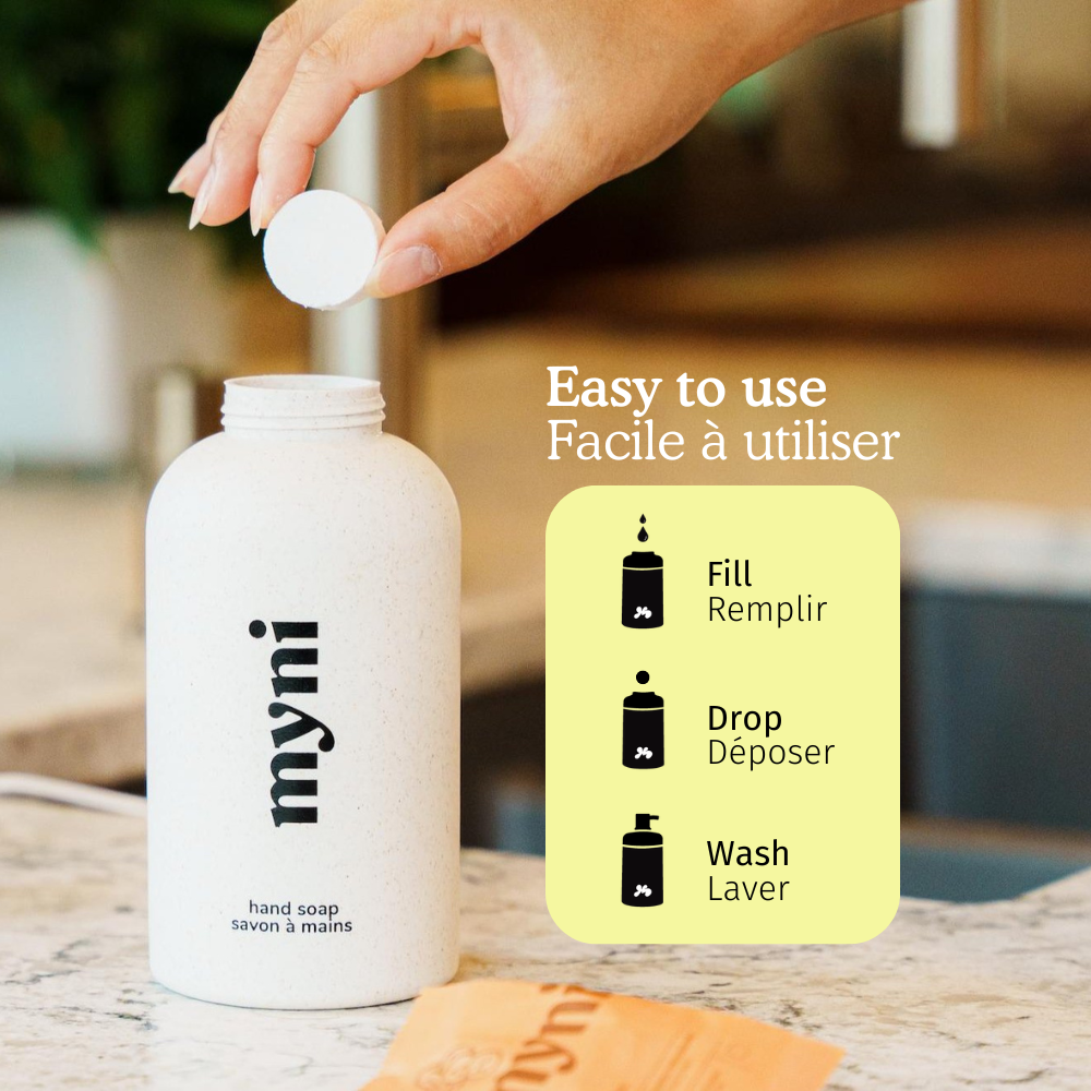 Hand holding a white soap bar above a 'myni' hand soap bottle with usage instructions.