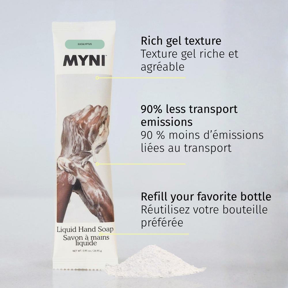 MYNI liquid hand soap packaging with text highlighting features on a light gray background
