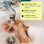 Hand washing with a plastic-free refill in a sink, featuring text about the product.