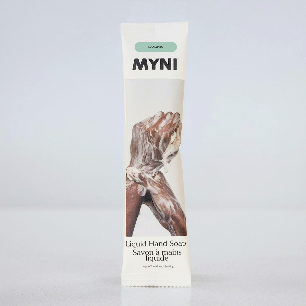 MYNI liquid hand soap packaging with hands washing hands on a light gray background