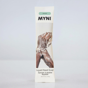 MYNI liquid hand soap packaging with hands washing hands on a light gray background