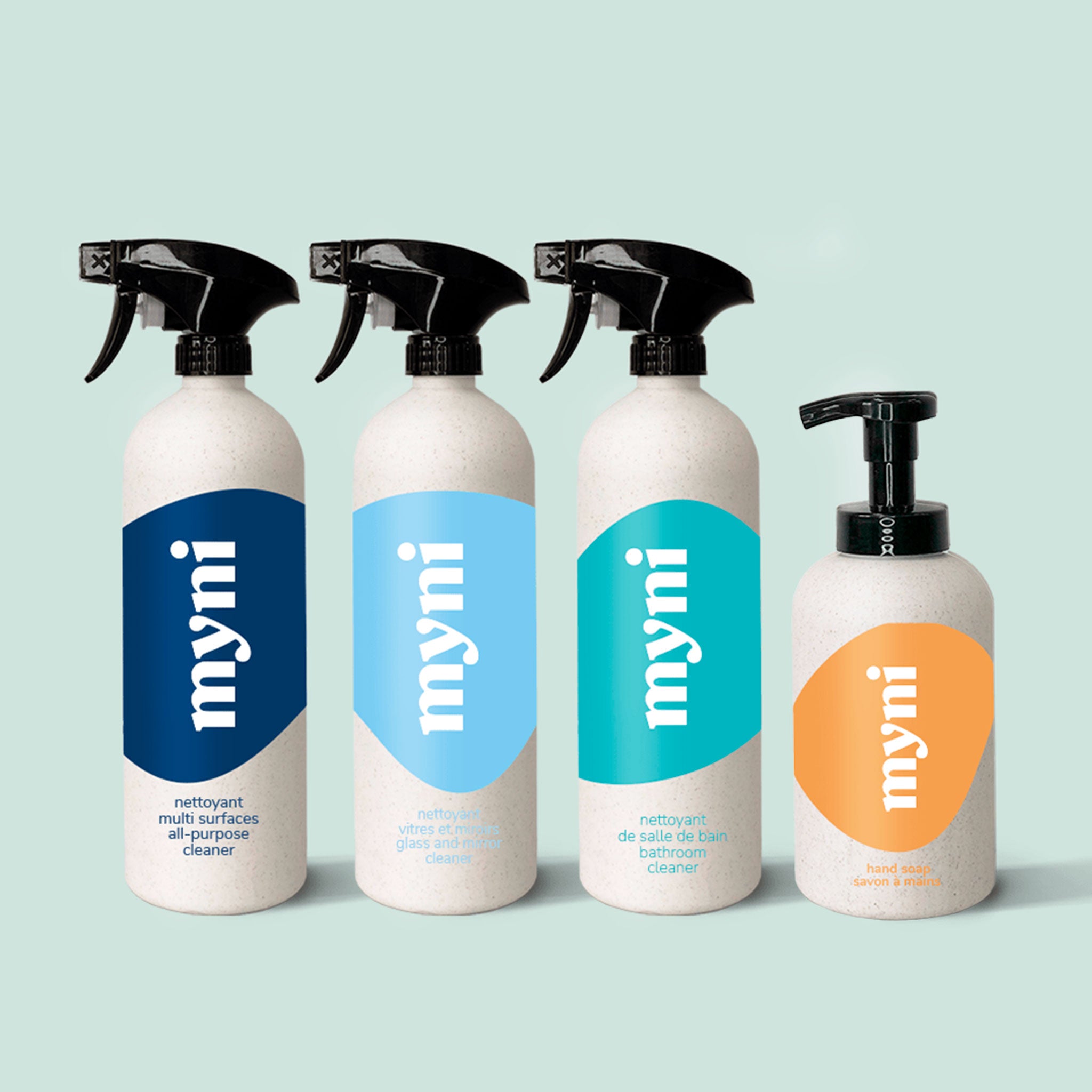 myni 4 cleaners and foaming hand soap refillable bottles