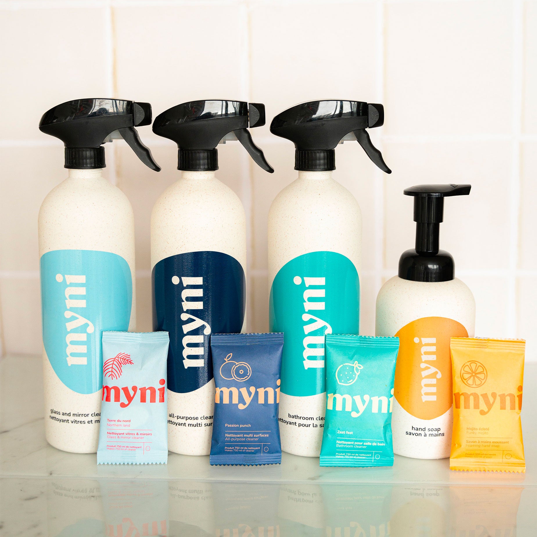 myni hand and body set 4 bottles and tablet refills with orange hand soap bottle