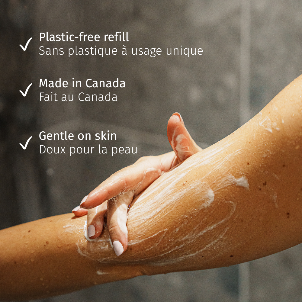 claims for shower gel : plastic free refill, made in canada, gentle on skin