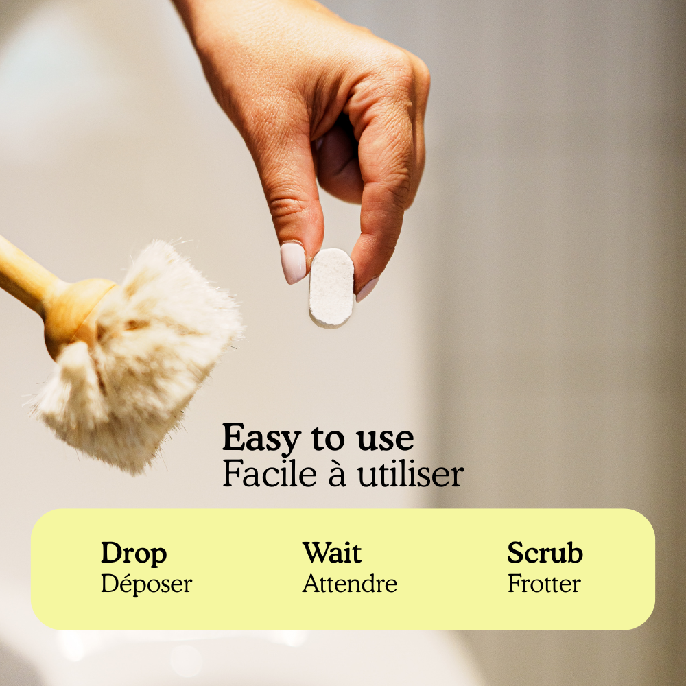 how to use the toilets cleaning tablets : drop, wait, scrub.