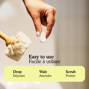 how to use the toilets cleaning tablets : drop, wait, scrub.